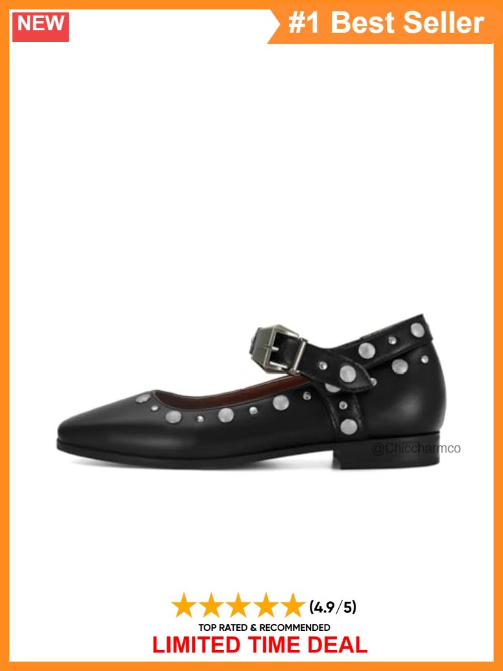 Studded Mary Jane Ballet Flats Faux Leather Square Toe Buckle Women Shoes